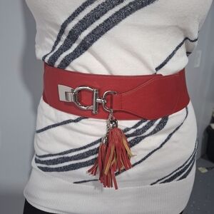 90s Wide Stretch Red Tassel Waist Belt Women's Fashion Accessory Metal Buckle SM